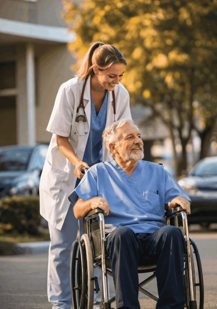 healthcare professional assisting an elderly man in a wheelchair with compassionate community care support - TRU Care Community