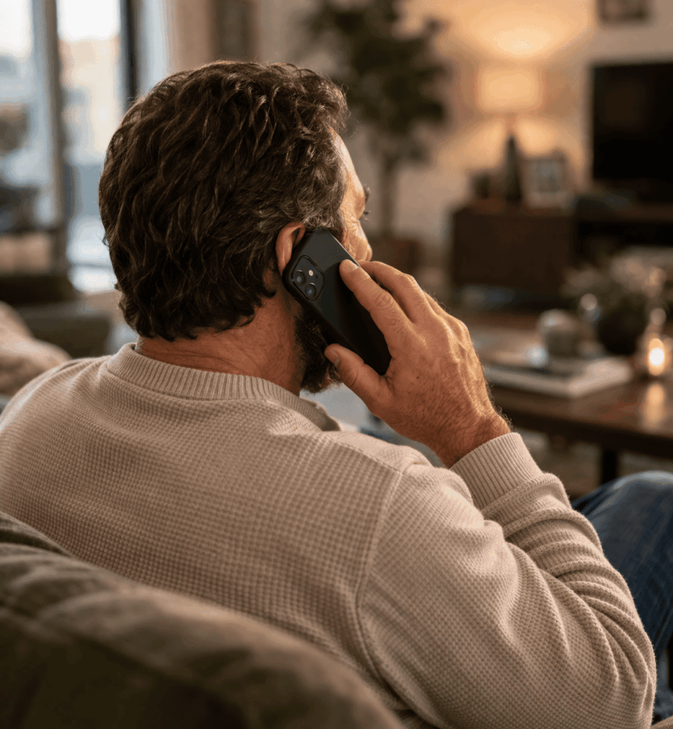 Man speaking on a mobile phone while seeking TRU care guidance and support